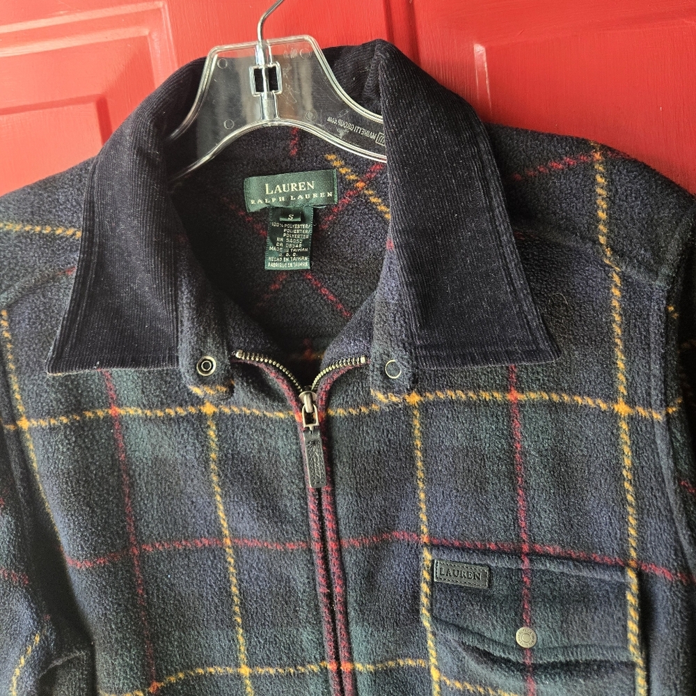 Lauren Ralph Lauren Vintage 90s Fleece Plaid Zip Green Yellow Red Front Jacket - Picture 8 of 8